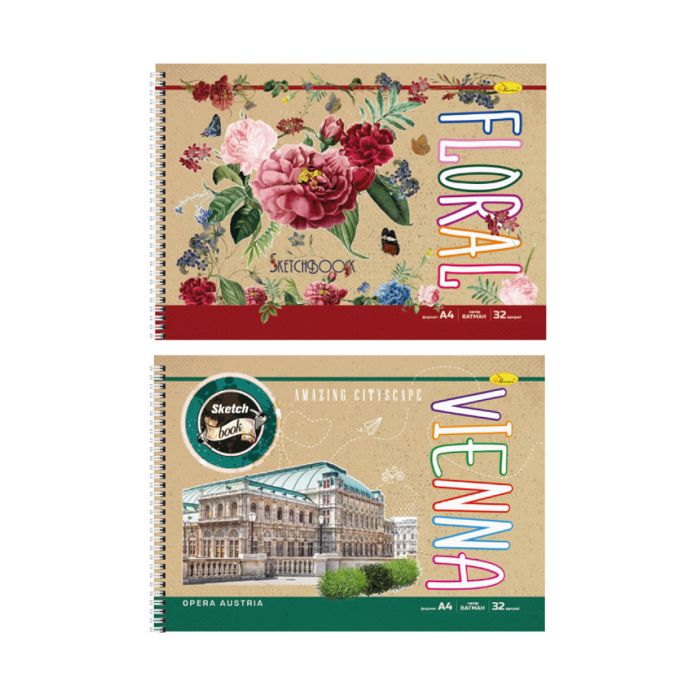 Скетчбук А4 32 арк спіраль бік крафт асорті, фото 1