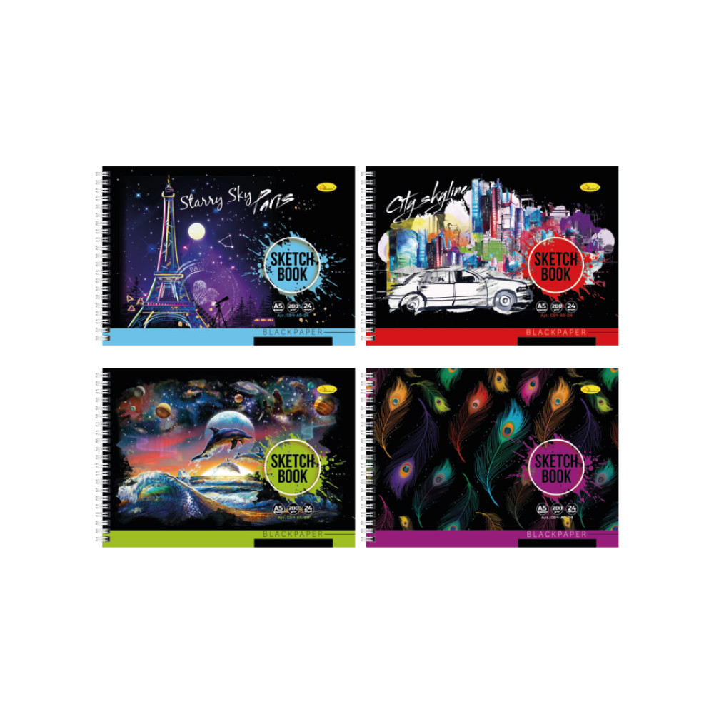 Скетчбук А5 24 арк спіраль бік чорний блок асорті, фото 1