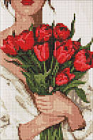 Алмазна мозаїка без підрамника Дівчина з тюльпанами 20х30 см