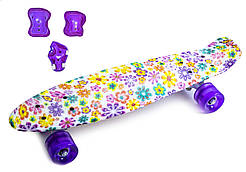 Набір СкейтБорд Penny Board. Цветочки + защита на колени, локти и ладони. Колеса світяться під час катання!