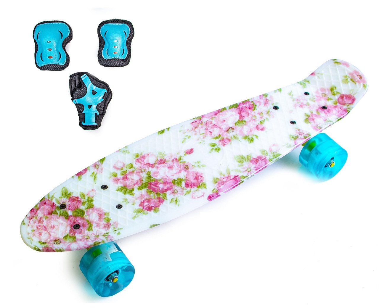 Набір СкейтБорд Penny Board. Троянди + захист на коліна, лікті та долоні. Колеса світяться під час катання!, фото 1