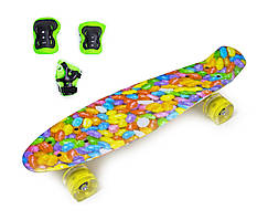Набір СкейтБорд Penny Board. Карамельки + захист на коліна, лікті та долоні. Колеса світяться під час катання!