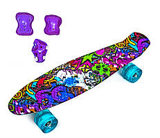 Набір СкейтБорд Penny Board. VIOLET GRAFFITY + захист на коліна, лікті та долоні. Колеса світяться під час катання!