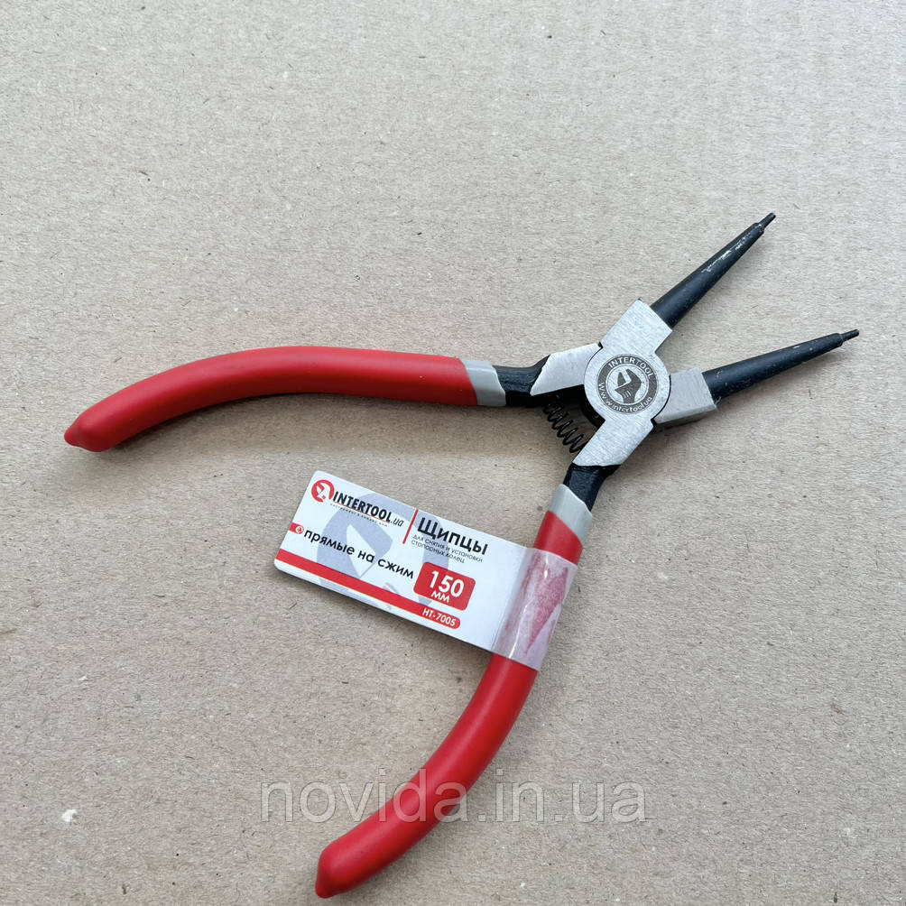 Щипці для зняття та встановлення стопорних кілець 150 мм, прямі на стиск INTERTOOL HT-7005