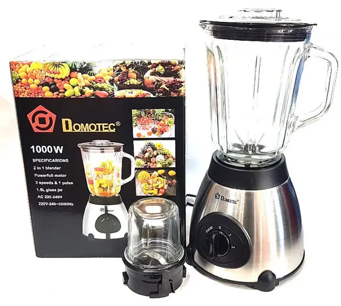 Блендер стаціонарний із чашею 1.5 л + кавомолка 2в1 DOMOTEC 6609 MS три швидкості, 1000 Вт Сріблястий AVK, фото 1