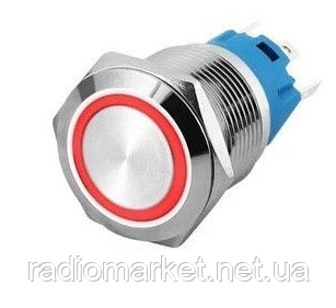 Кнопка антивандальна 19мм із фіксацією та підсвічуванням OFF-ON, 220V, виводи під пайку, фото 1