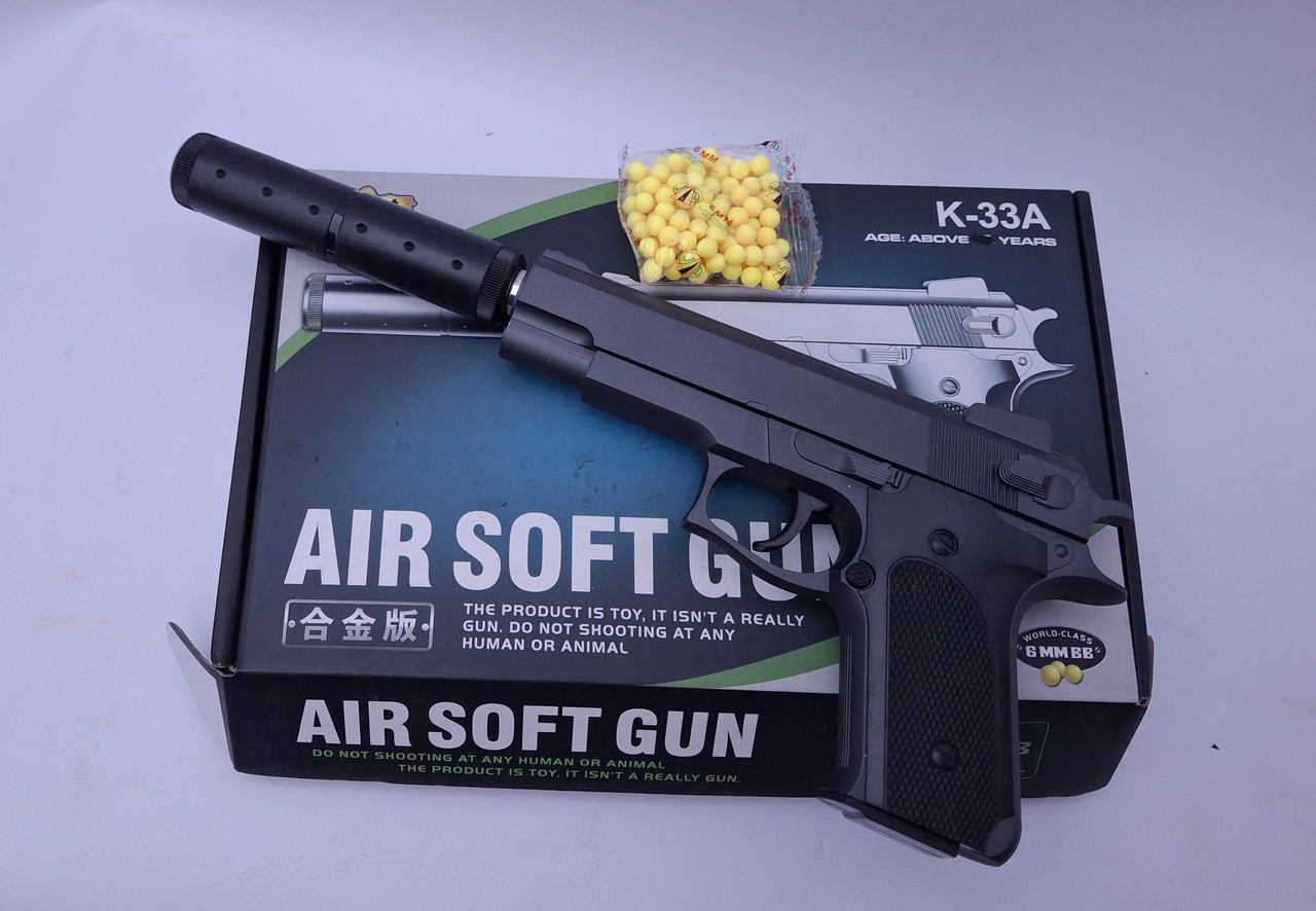 Дитячий металевий пневматичний пістолет із глушником Air Soft Gun K-33A