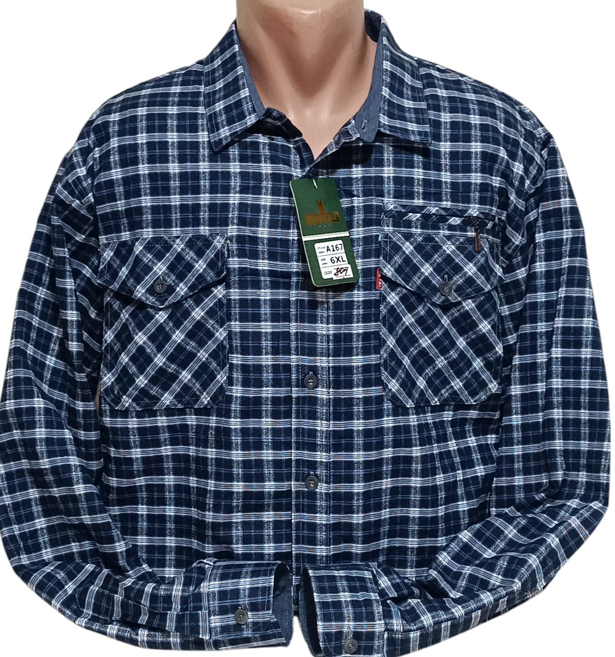 Тепла байкова чоловіча сорочка батал велетень Hetai vd-0804 байкова картата чоловіча сорочка на зиму синя 8XL