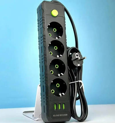 Подовжувач UA Power F44U на 4 розетки, 3USB, 2 м, чорний, фото 3
