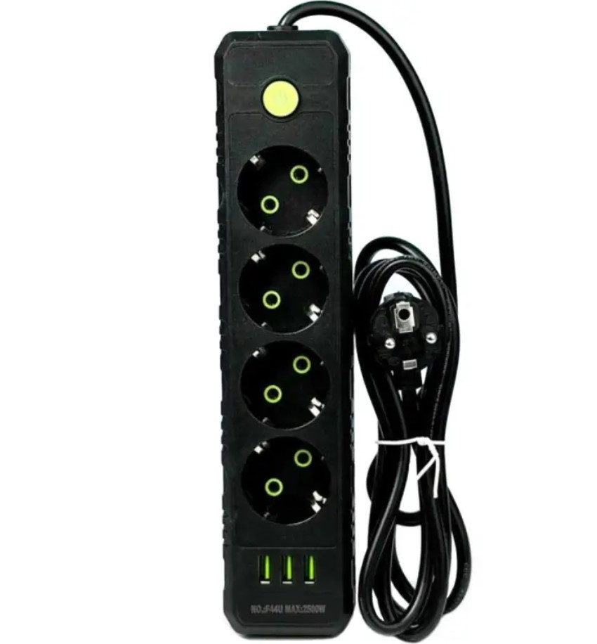 Подовжувач UA Power F44U на 4 розетки, 3USB, 6 м, чорний, фото 1