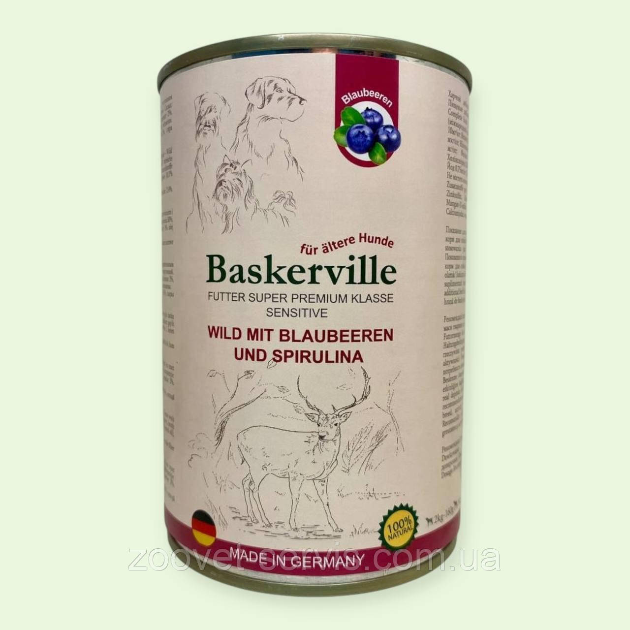 Вологий консервований корм для собак Baskerville Sensitive Wild з олениною, чорницею та спіруліною, 400 г