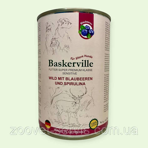 Вологий консервований корм для собак Baskerville Sensitive Wild з олениною, чорницею та спіруліною, 400 г, фото 1