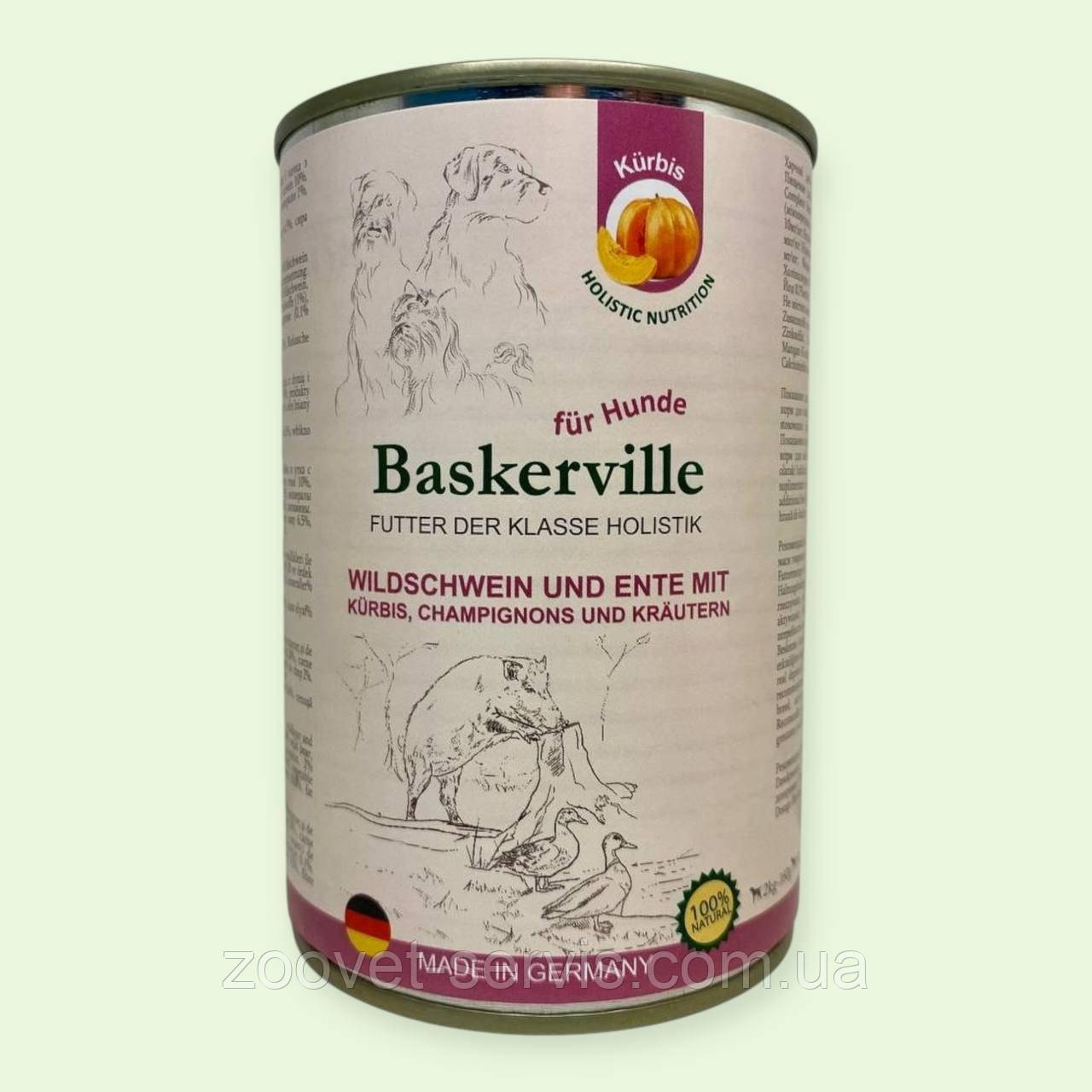 Вологий корм консерви для собак Баскервиль Baskerville Holistic Качка і кабан з гарбузом і зеленню 400г