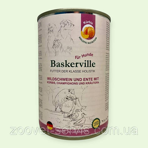 Вологий корм консерви для собак Баскервиль Baskerville Holistic Качка і кабан з гарбузом і зеленню 400г, фото 1