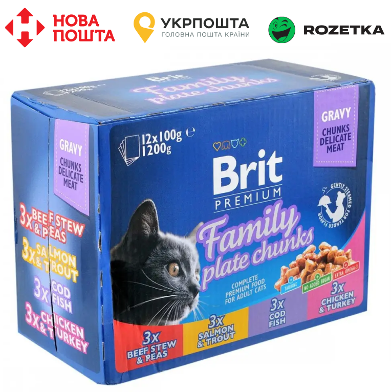 Набір вологих кормів Brit Premium Cat Pouch «Сімейна тарілка» для котів, асорті із 4 смаків, 12 шт х 100 г