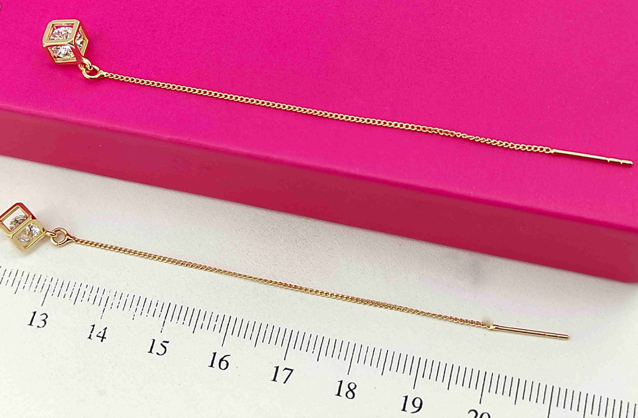 Сережки протяжки з ланцюжком Кубик медичне золото, фото 1