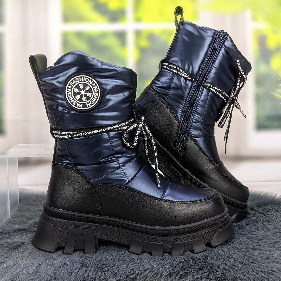 Чоботи дутики дитячі зимові для дівчинки темно-сині Tom.M 5585