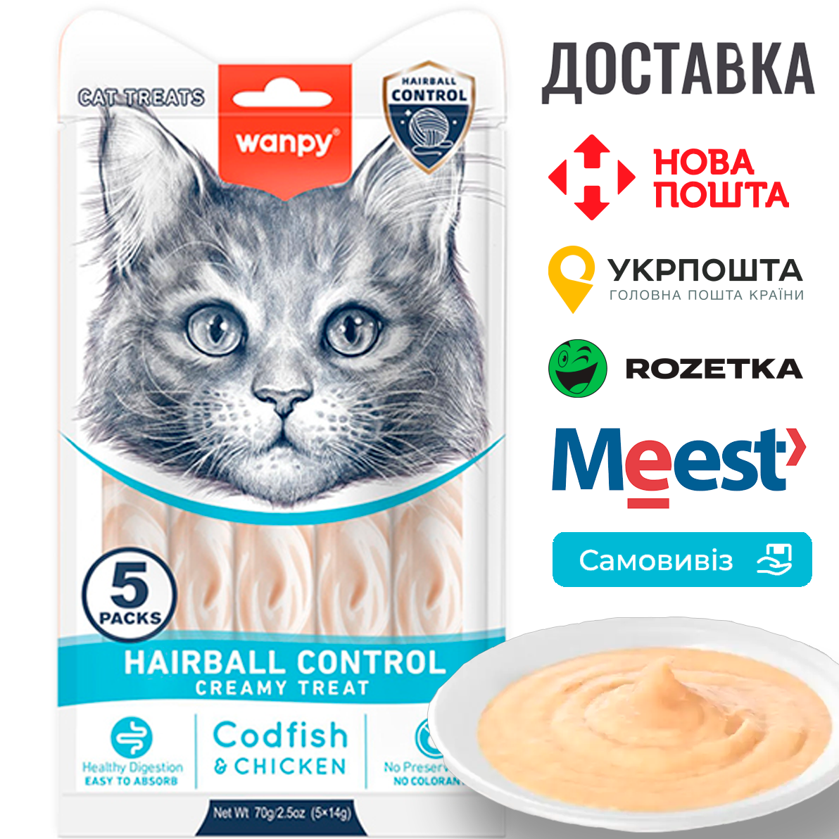 Функціональні рідкі ласощі для котів Wanpy Functional Creamy Lickable Treat Hairball Control виведення шерсті, фото 1
