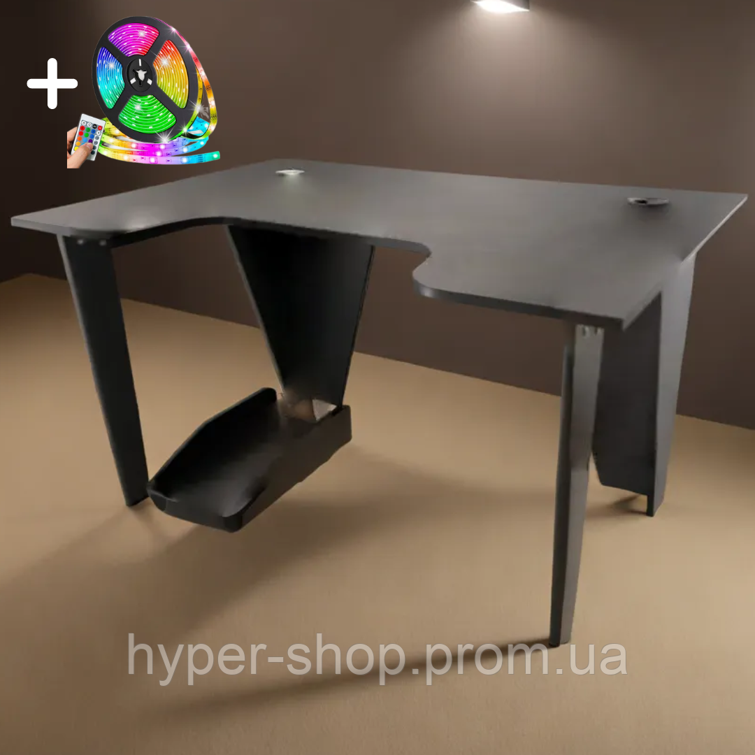 Чорний геймерський стіл ігровий із підсвіткою, геймерський стіл без ящиків прямий із сучасним дизайном д | МКТ, фото 1