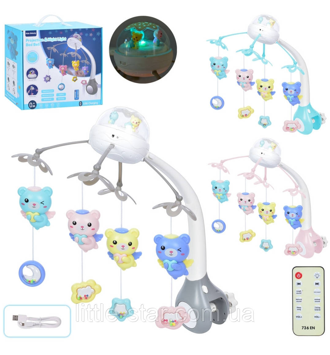 Карусель мобіль 6689 на ліжечко з нічником проектором "Зоряного неба", пульт д/у, музика, USB,на акум.
