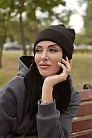 Двостороння жіноча зимова шапка з ангори чорного кольору.