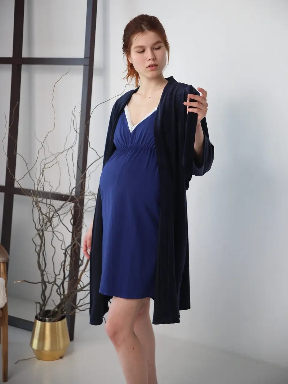 Халат плюшевий і бавовняна сорочка в пологовий будинок Pregnant Style 48 Синій