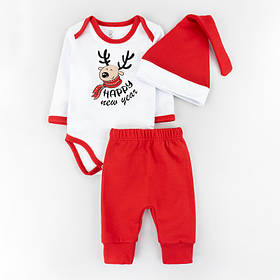 Теплий новорічний комплект 3 в 1 для хлопчика Rudolf зріст 62 см (1 - 3 місяці) Malena Білий з червоним
