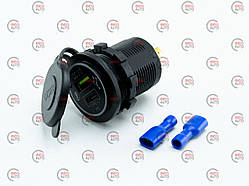 Гніздо врізне 1 USB + Type C 3A "швидка зарядка QC 3,0" 12-24В, кришка, підсвічування синє, без дрот