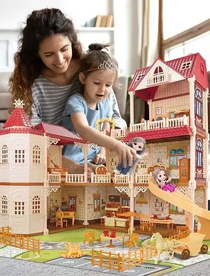 Ігровий набір великий будинок ліфт 268 деталей Триповерховий ляльковий котедж іграшка з двома ляльками фігурка коня аксесуари