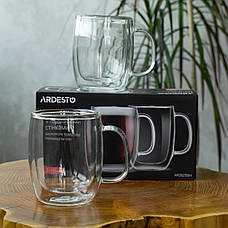 ARDESTO Набір чашок із ручками та подвійними стінками, 250 мл, візота 9,5 см, боросилікатне скло, прозорий, фото 3