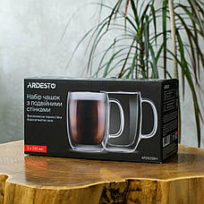 ARDESTO Набір чашок із ручками та подвійними стінками, 250 мл, візота 9,5 см, боросилікатне скло, прозорий, фото 4