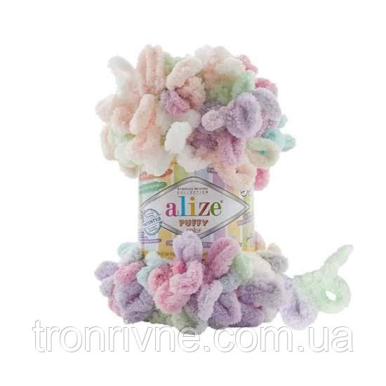 Пряжа для в'язання Alize Puffy Color. 100 г. 9 м. Колір білий, рожевий фіолетовий 6526