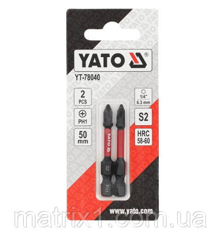 Насадка викруткова ударна PH1 х 50 мм. HEX 1/4», 2 шт. YATO YT-78040