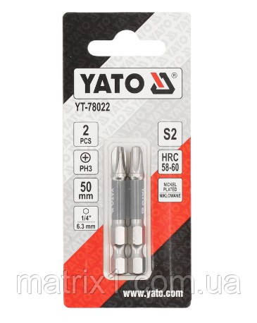 Біти для шурупокрута YATO, сталь S2; PH3 х 50 мм. хвостовик 1/4", 2 од. - YT-78022