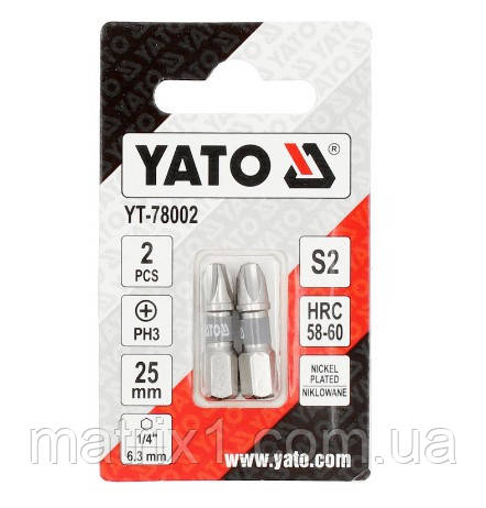 Біти для шурупокрута YATO; PH3 х 25 мм. сталь S2. 6-гранний хвостовик 1/4", - YT-78002
