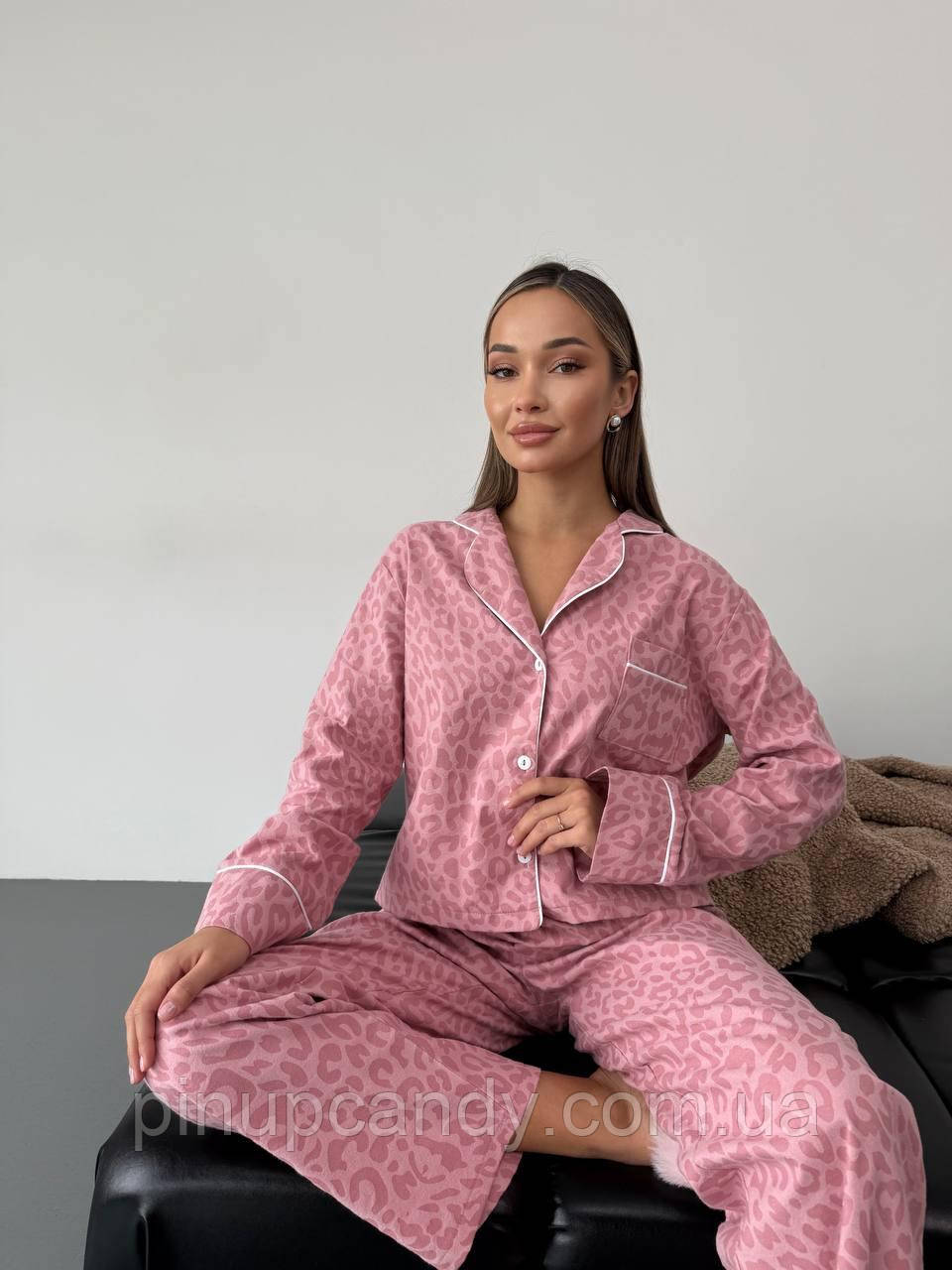 Піжама утеплена жіноча 100% бавовна сорочка і брюки Christel 191 принт леопард рожева, фото 1