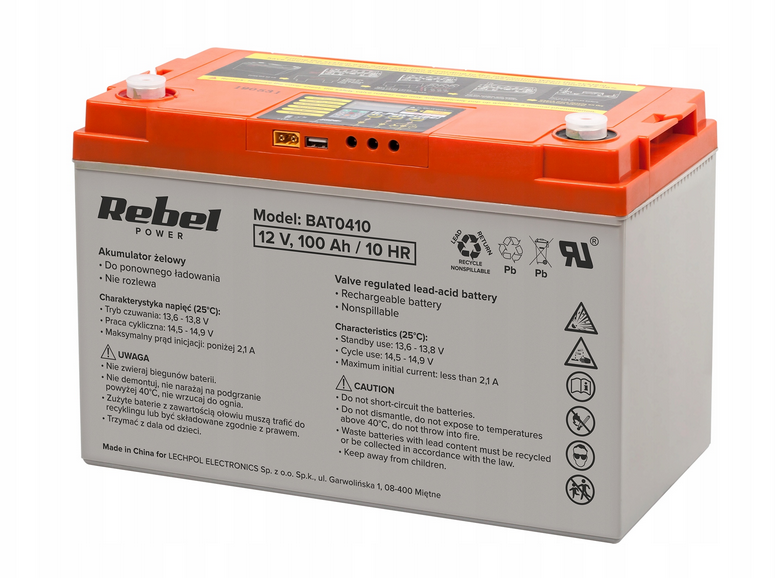 Гелевий акумулятор Rebel 12V 100Ah UPS з дисплеєм та портами