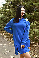 Спортивное женское платье худи трехнитка на флисе в свободном стиле от 42 до 52 размера синего цвета