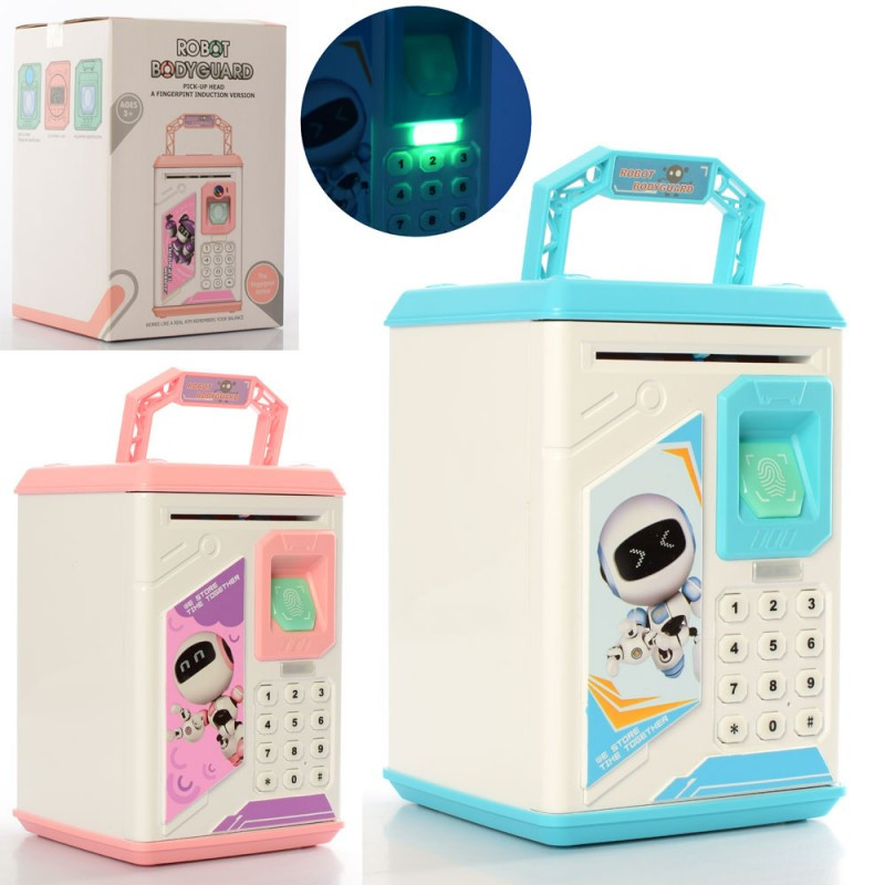 Електронна скарбничка-сейф MK 4626, 19,5 см, сейф із кодом, світло, звук, затягує купюри, відбиток пальця, фото 1