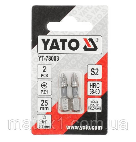 Біти для шурупокрута YATO; PZ1 х 25 мм. сталь S2. 6-гранний хвостовик 1/4", 2 шт. YT-78003