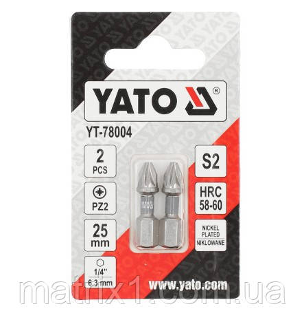 Біти для шурупокрута YATO; PZ2 х 25 мм. сталь S2. 6-гранний хвостовик 1/4", 2 шт. YT-78004