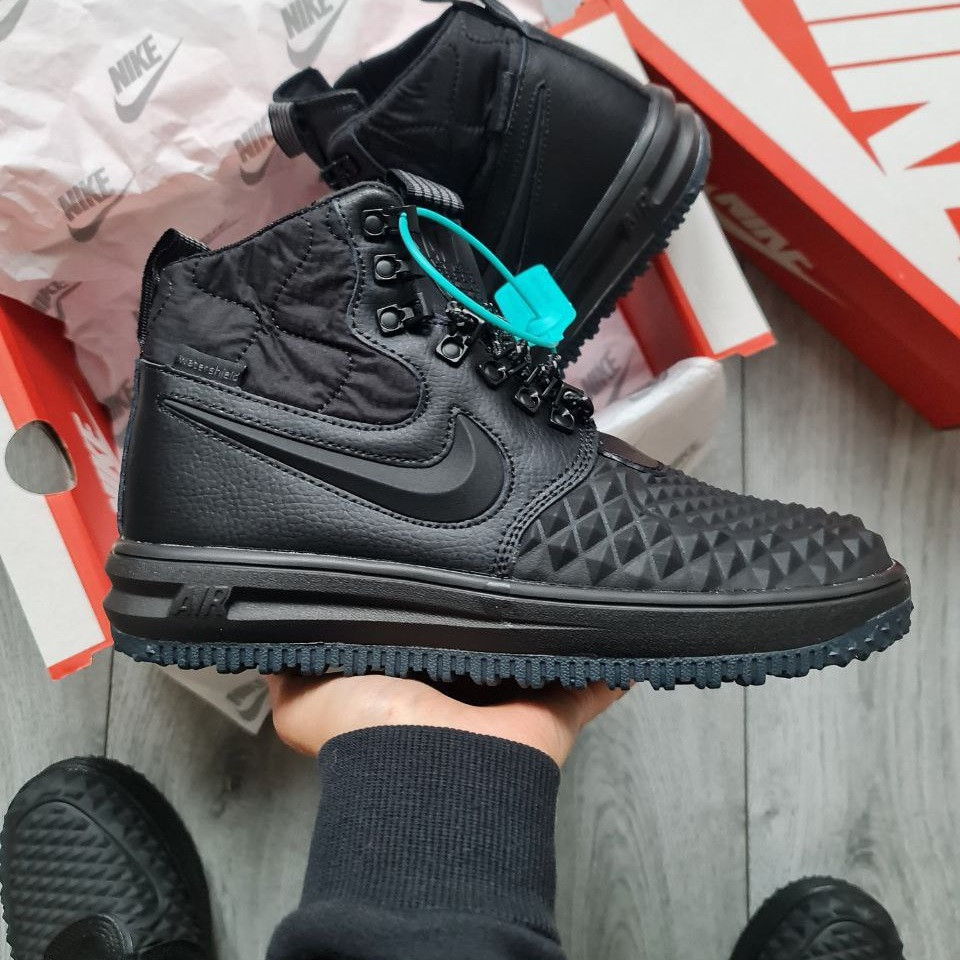 Зимові Чоловічі Кросівки Nike Lunar Force 1 Duckboot 17 Fur / Найк Лунар Форс 1 Дакбут 17 Чорні (Хутро)