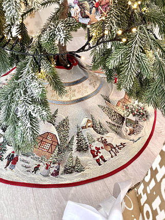 Спідниця під ялинку новорічна гобеленова кругла Різдво в Карпатах Ø 90 см покривало килимок спідниця для ялинки, фото 1