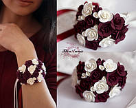 Авторский браслет с цветами "Розы марсала"