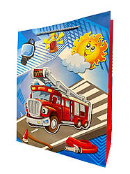 Пакет Подарунковий 146 Пожежна машина на блакитному  18х23 см МАЛЕНЬКИЙ