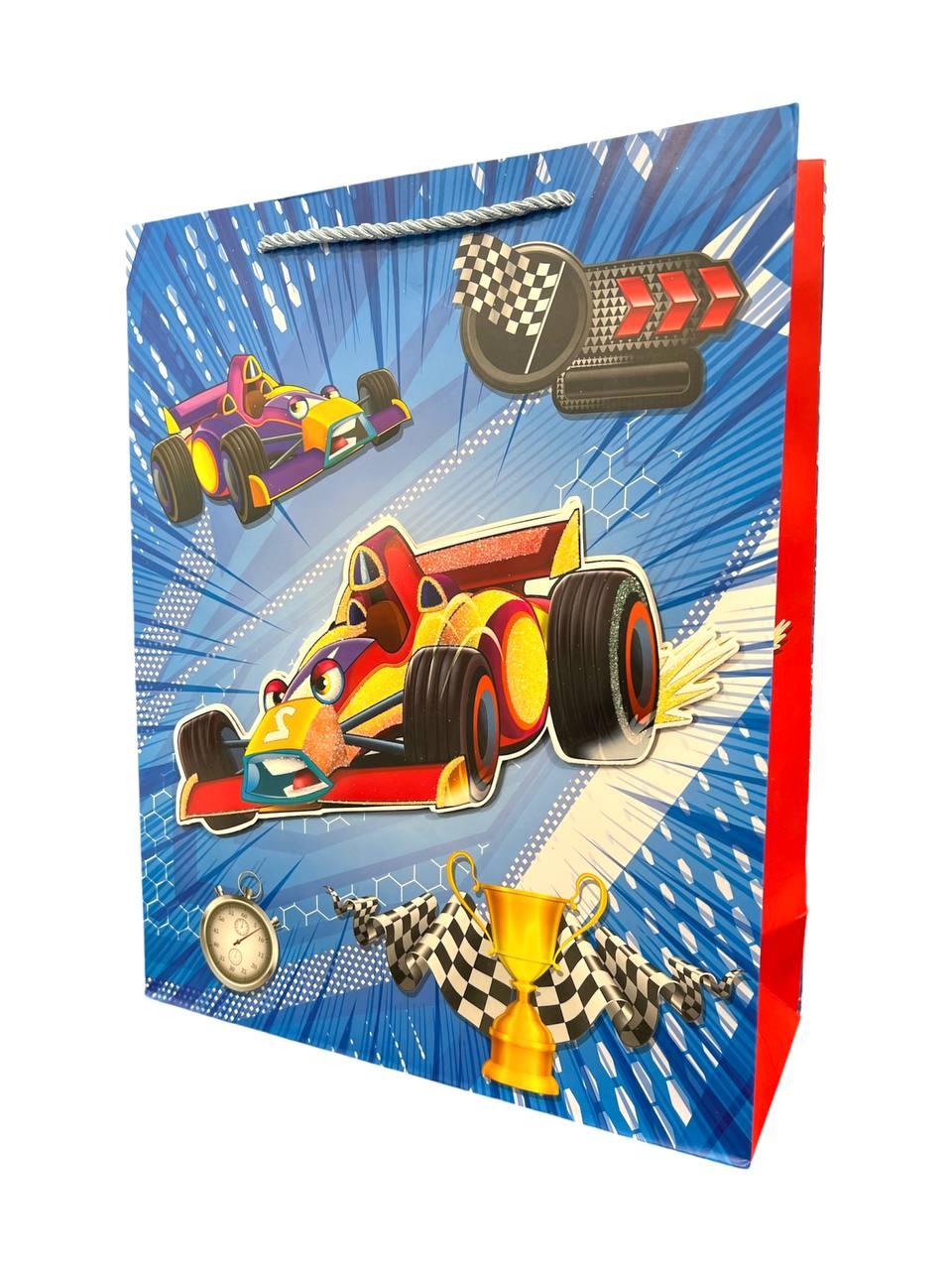 Пакет Подарунковий 145 Гоночна машина на блакитному 18х23 см МАЛЕНЬКИЙ