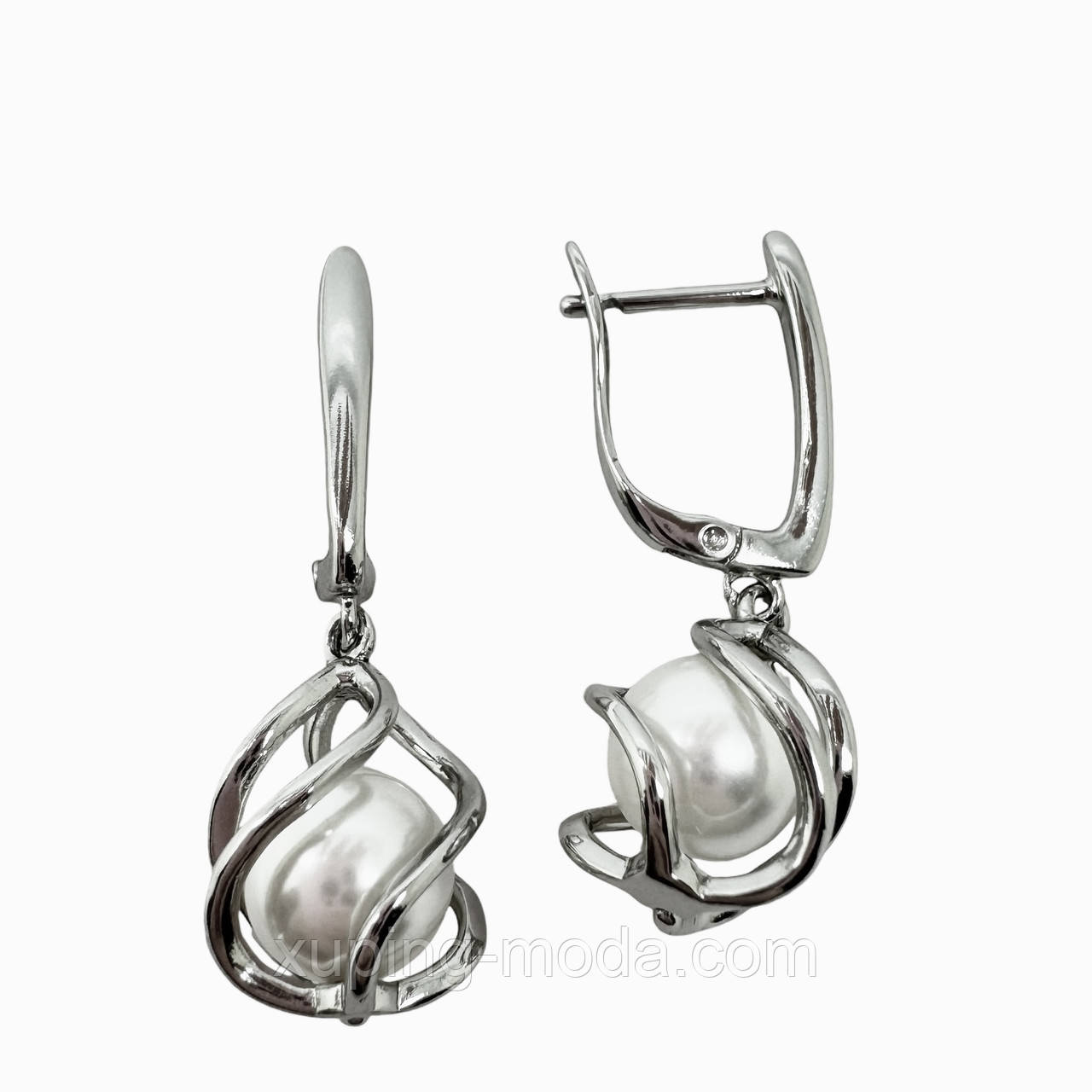 Сережки з перлинами ксюпінг. 30х10 мм. Родій, фото 1