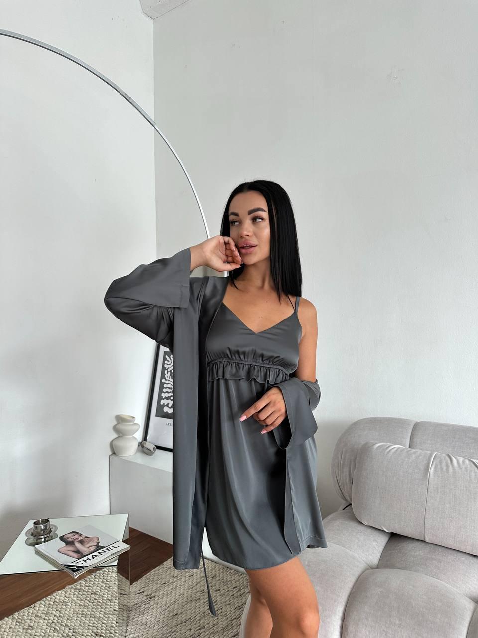 Шовковий комплект халат і сорочка Christel 181 графіт сірий S