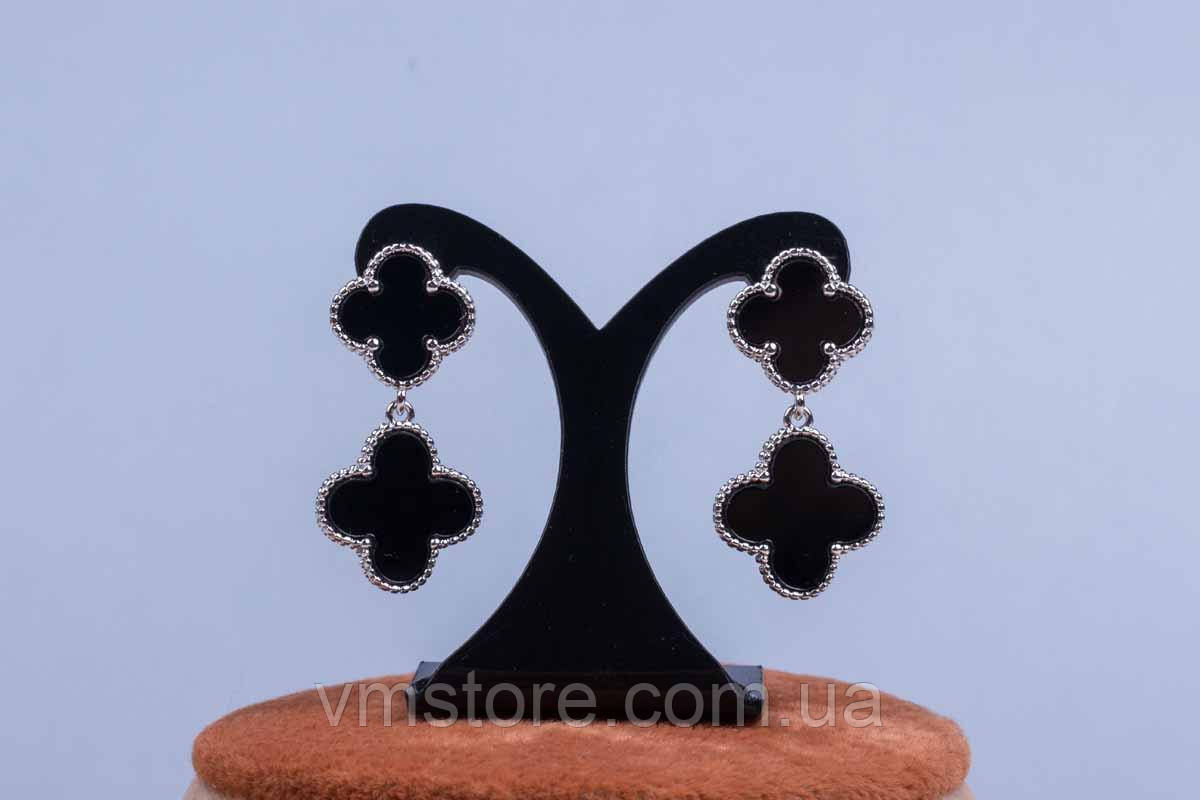Сережки чорний подвійна конюшина, англійська застібка, родій, фото 1