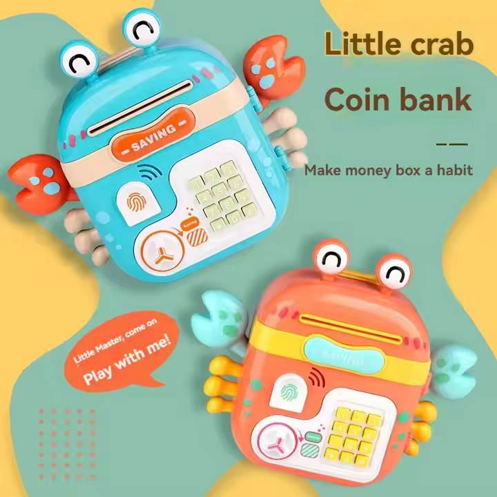 Дитячий сейф рюкзак Іграшковий краб скарбничка відкривається Функціональний бокс Мелодії Сканер Набір монет і ручка, фото 1